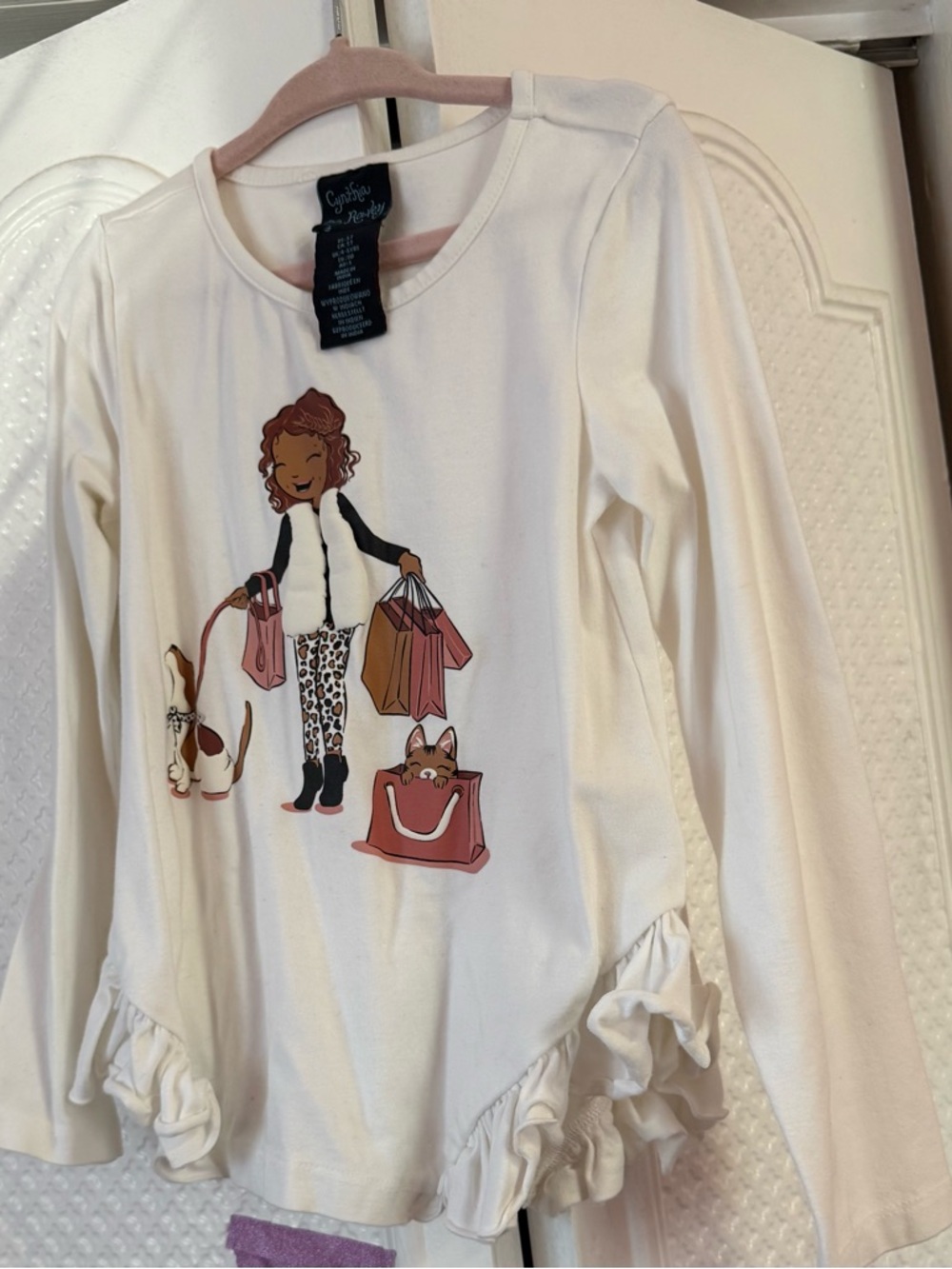 Cynthia Rowley White Long-Sleeve Graphic Top with Shopping Girl